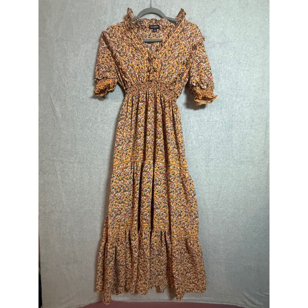 Max Edition Mustard Yellow Floral Tiered Maxi Dress Smocked Waist Boho S